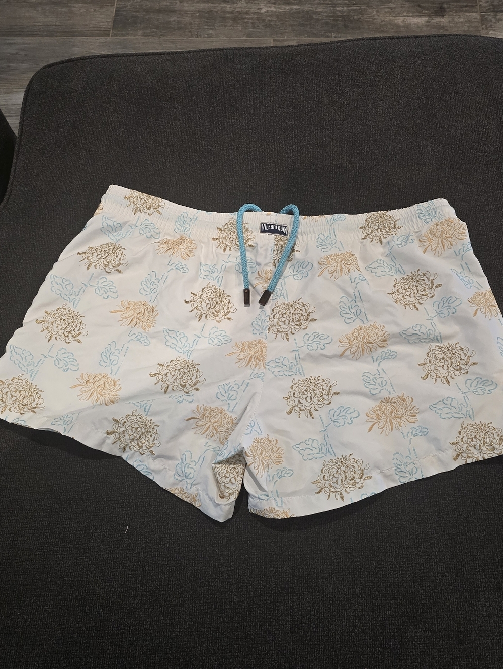Vilebrequin White Swim Shorts with Light Blue and Tan Floral Print